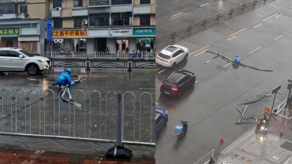 美牛股 宜昌一外卖小哥顶风雨独自清理道路路障获赞，目击者：我还在犹豫他已经停车清障了
